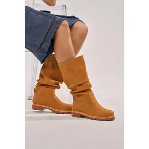 AKIRA GOLD BARTLETT TAN FLAT RUCHED BOOTIE