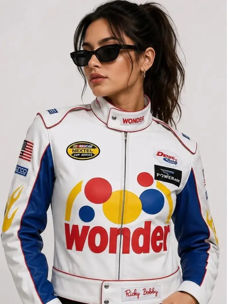 Wonder Bread The Ballad of Ricky Bobby Race-Inspired Leather Jacket, Men's & Women's Casual Wear Racing Look Outerwear, Leather Jacket Women
