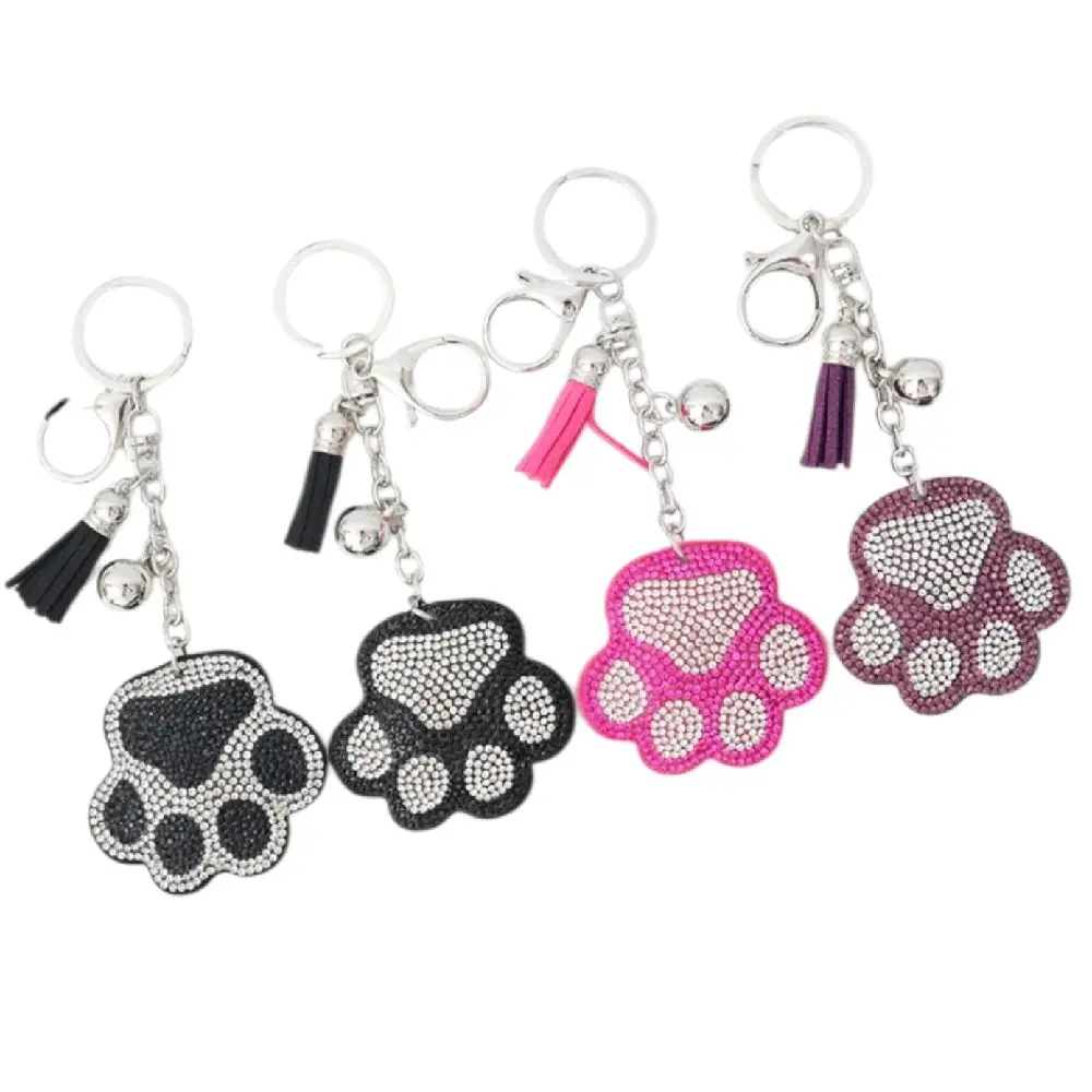 Rhinestone Bling Paw Keychains with Tassels and Bells in Black Pink and Purple Colors
