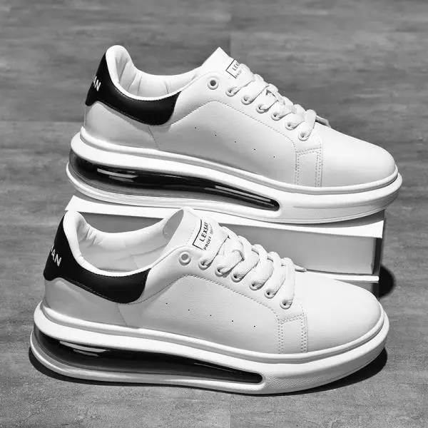 Mens White Sneakers Air Cushion Sole Casual Shoes Lace Up Walking Hidden Lift Platform Sneakers Lightweight Breathable Non Slip Athletic Sneakers Thick Sole Dad Shoes Navy Blue White for Men Size 39-46 Trendy Streetwear Daily Office Work Hottest 2026