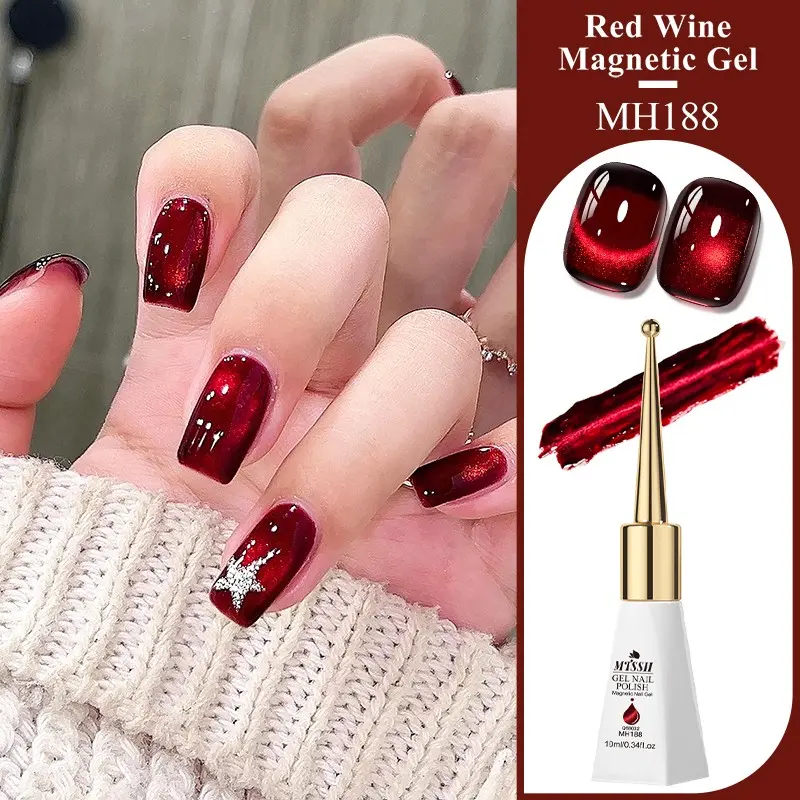 MTSSII Red Wine Cat Eye Gel Nail Polish, Ruby Twilight, 10ml Magnetic UV Gel with High Saturation, Long-Lasting Cat's Eye Effect, Gel Shine Finish, Essential for Home Salon Manicures And Festival Gifts, Finger Nail Polishes