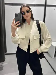 Women's Plain Pocket Button Front Stand Collar Jacket, Casual Drop Shoulder Long Sleeve Outerwear For Fall & Winter, Ladies Clothes For Daily Wear