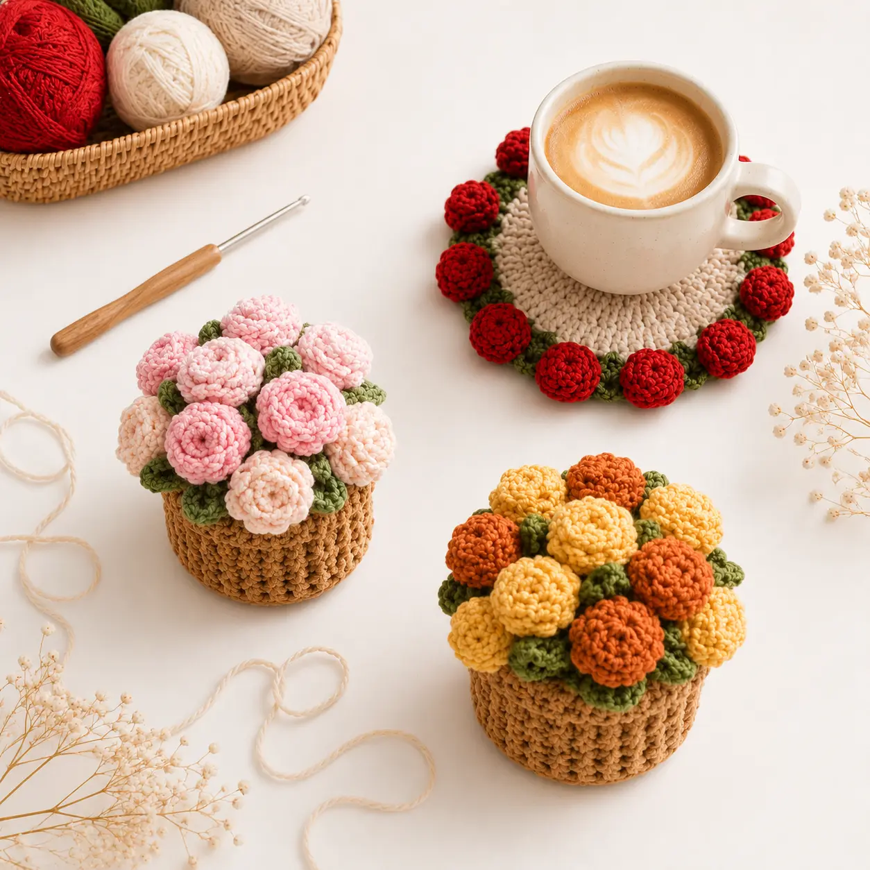Handmade Crocheted Cup Coaster Set - 14×14cm Design, 5cm Basket (5.6x2in), Absorbent Non-Slip Mug Mat, Decorative Coaster, Bouquet Artificial Flowers, Boho Home Supply Gift for Mom, Cup Coasters