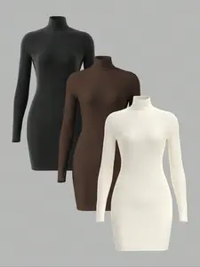 Women's Winter Warm High Neck Knit Casual Loungewear Sleepwear Dress, Long Sleeve Plain Color Nightgown, Cozy Home Wear for Fall & Winter Seasons