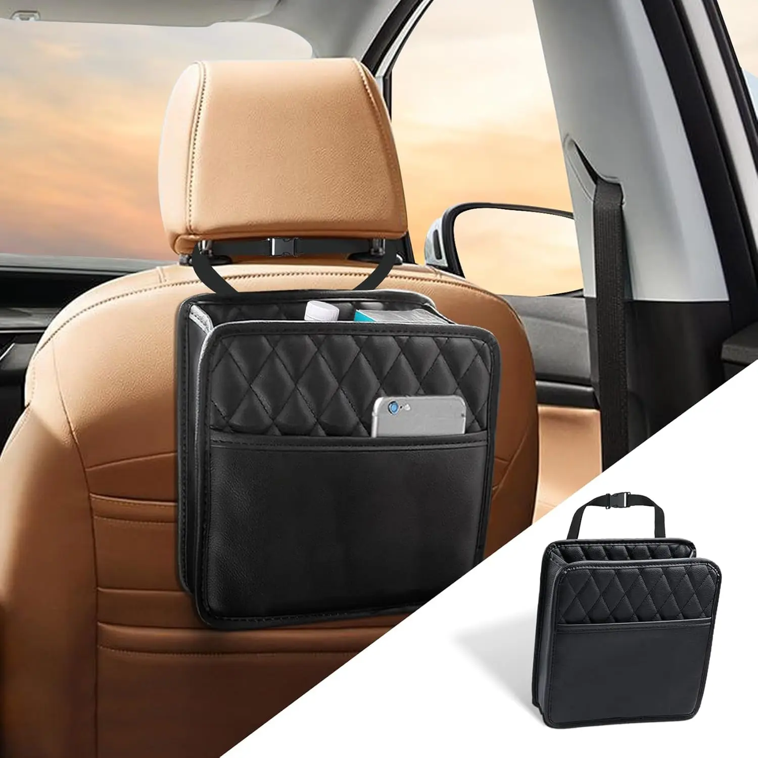Car Seat Organizer Backseat with Storage Pockets Premium PU Leather Garbage Can Foldable Universal Hanging Car Seat Back Organizer for Kids & Adults with Cup Holders Car Travel Accessories