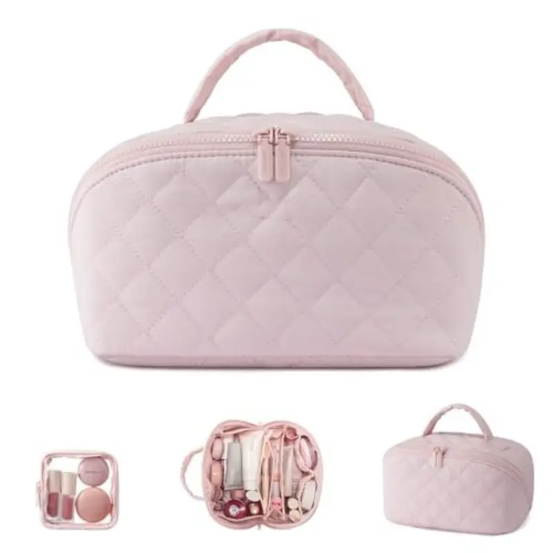 Women's Travel Makeup Bag, Waterproof Padded Quilted Cosmetic Storage Bag, Makeup Organizer Pouch, Portable Wide Mouth Wash Bag, Large Capacity for Toiletries and Brushes, Makeup Pouch, Travel Cosmetic Bags, Cosmetics Organizer
