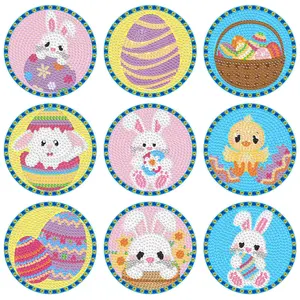 Easter Themed Diamond Arts Colorful Painting Coaster Kit, 9 Counts/set DIY Decorative Coaster for Home Office Desk, DIY Decorative Accessories