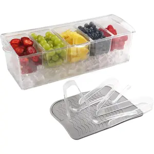 Ice Chilled Condiment Containers with Hinged Lid - Chilled Condiment Server with Lid, Clear Serving Tray Includes 5 Detachable Compartments, 3 Tongs, 3 Spoon and 1 Grey Pad Kitchen Portable