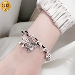 1pc, 925 Sterling Silver Bracelet With Lucky Money Charms, Vintage Fashion Chic Design, Pony & Coin Charm Wristlet, Jewelry Gift For Friends & Family