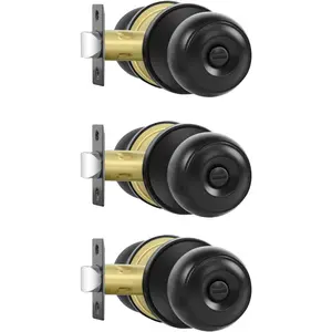 3 Pack Matte Black Privacy Door Knobs with Lock, Interior Keyless Locksets for Bed and Bath, Round Reversible Door Handles for Left and Right Handed Doors