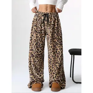 Women's Leopard Print Bow Elastic Waist Wide Leg Pants – Casual Comfy Trousers for Daily Wear, Fall & Winter Ladies Bottoms Womenswear