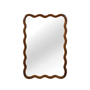 Irregular Solid Wood Frame Wall Mirror Bohemian Natural Wood Grain Tempered High-Definition Glass No Distortion D-Ring Reinforced Mount Vertical Horizontal Hanging Decorative Mirror for Bathroom Living Room Entryway Farmhouse