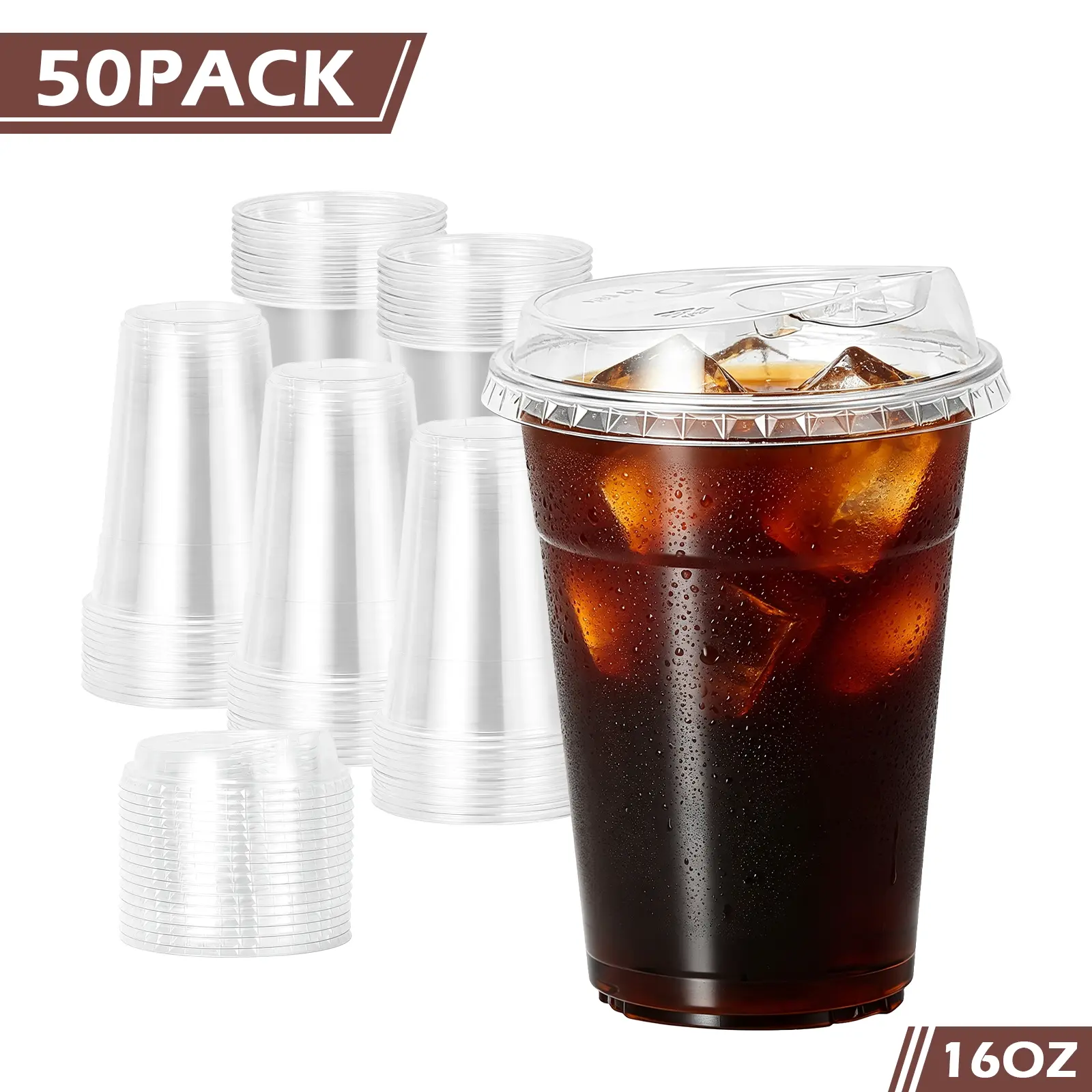 50-Pack Strawless Sip Lid Clear Plastic Cups, 16/20/24oz BPA-Free Recyclable PET Disposable Tumblers, Leak-Proof To-Go Cups for Iced Coffee, Parties & Cafes