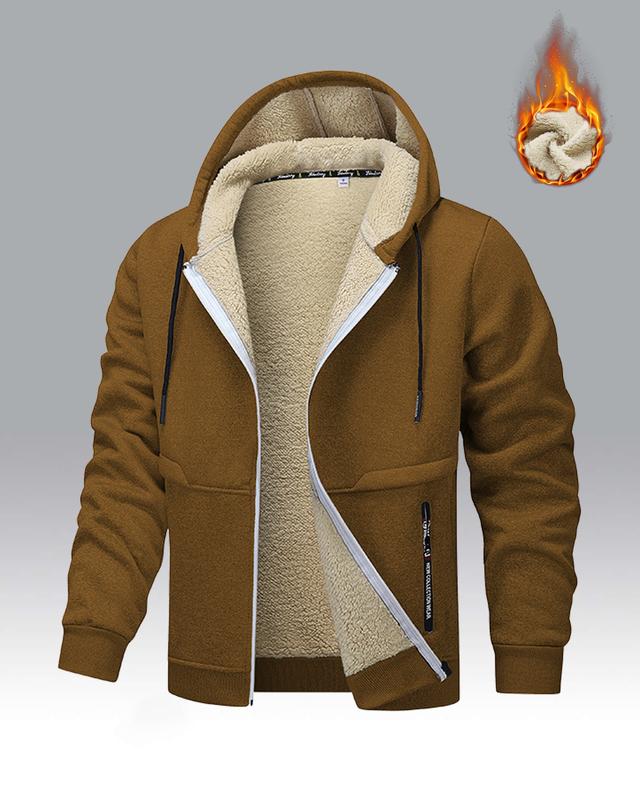 Men's Winter Fleece Hoodie – Thick, warm jacket with an adjustable drawstring hood, ribbed cuffs, and zippered front closure; perfect for outdoor hikes, jogging, fishing, gym workouts, or everyday casual wear; a must-have versatile piece for men's wardrob
