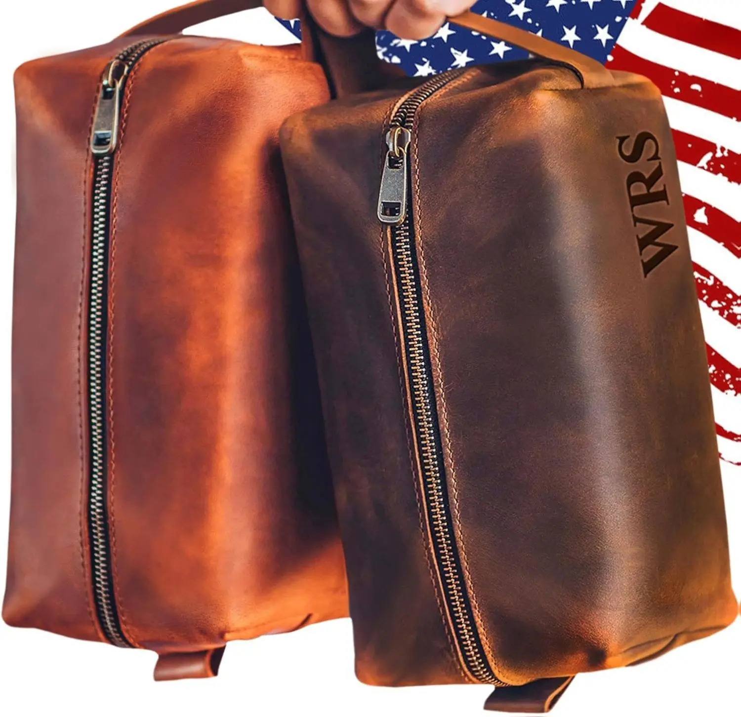 Genuine Leather Toiletry Bag - Personalized Engraved Name or Initials - Waterproof Dopp Kit for Men - Handcrafted in USA - Cognac, Dark Brown, Black - Small, Standard, Large Sizes Available