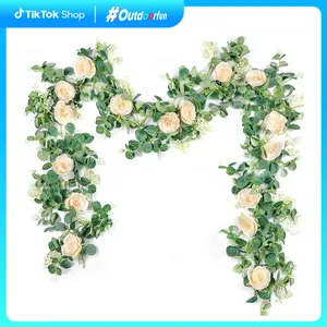 Outdoorfun 2 Pcs 13Ft Artificial Eucalyptus Flower Garland with Fake Rose Flower Vine Seeded Eucalyptus Leaves Greenery Garland for Wedding Table Backdrop Party Centerpiece Room Decor