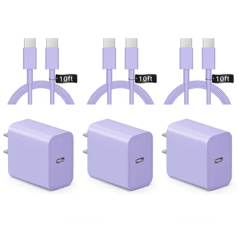 GSASUPJ 2-Pack 20W USB-C PD 3.0 Cellphone Charger Adapter (Power Brick Type C) with 10Ft USB Cord - Fast Charging for iPhone 16/16 Pro/16 Pro Max/15, iPad Series (Purple, Electronic Mobile Smartphone Compatible)