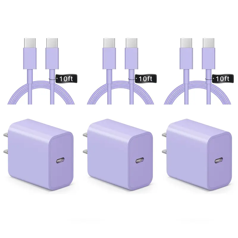 GSASUPJ 2-Pack 20W USB-C PD 3.0 Cellphone Charger Adapter (Power Brick Type C) with 10Ft USB Cord - Fast Charging for iPhone 16/16 Pro/16 Pro Max/15, iPad Series (Purple, Electronic Mobile Smartphone Compatible)