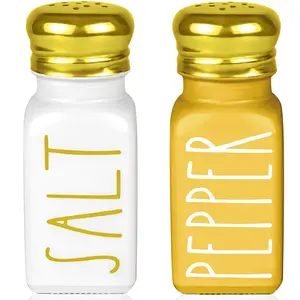 Farmhouse Gold Salt and Pepper Shakers Set by Brighter Barns - White and Gold Kitchen Accessories for Modern Farmhouse Decor, Restaurant, Wedding, Gifts, Seasoning Utensils - Glass Shakers & Stainless Steel Lid