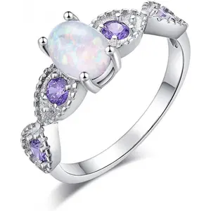 18K Opal Ring-White Fire Opal & Amethyst & Cubic Zirconia Women Jewelry Gemstone Engagement Anniversary Ring Size 5-13
