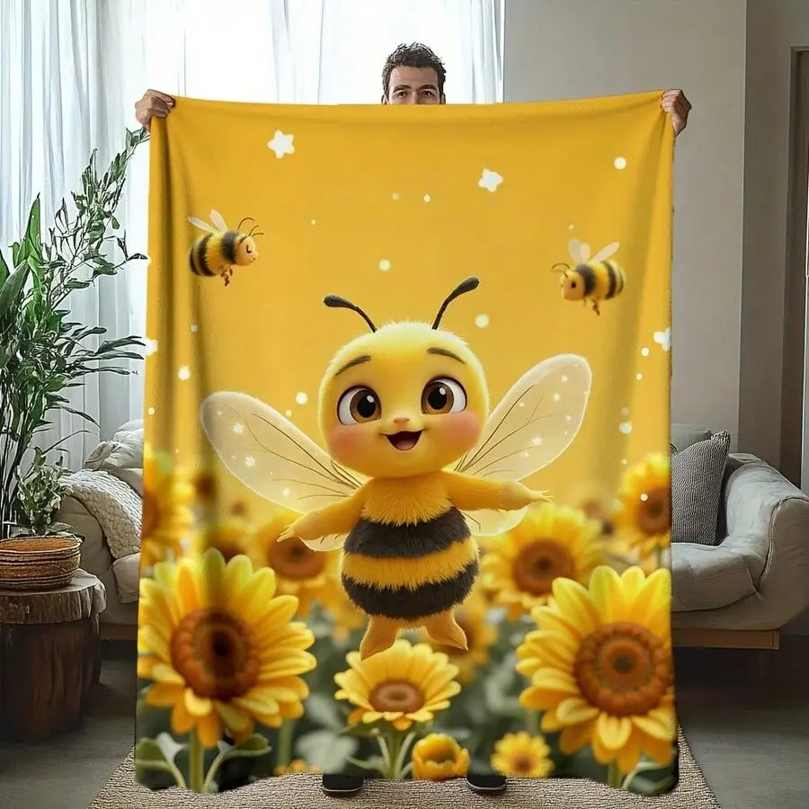 Bee-themed flannel blanket - Soft and comfortable modern print featuring bright bees and flowers, ultra-soft flannel printed blanket, suitable as a birthday gift, home decor, wedding accessory, or souvenir blanket, made of polyester, suitable for all