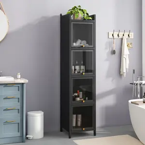 Modern Four-tier Glass Door Cabinet with Featuring Five-tier Storage, for Entryway Living Room Bathroom Dining Room,Black