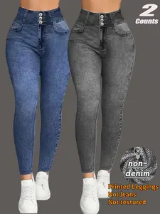 Women's High Waisted Denim Print Leggings, Slim Fit Butt Lifting Stretch Pants, Casual Sporty Breathable Daily Wear Bottoms