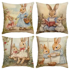 4pcs Easter Cute Rabbit Pillow Cover, Retro Style Cartoon Rabbit Easter Spring/Summer Season Decorative Cushion Cover, 18x18 inch Pillowcase, Farmhouse Holiday Decorative Pillow Cover, Suitable for Living Room, Sofa, Office, Outdoor (No Pillow Core)