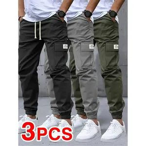 Men's Casual Solid Work Pants 3PCS with Multiple Flap Pockets Front Drawstring Outdoor Running 100% Polyester Non-Stretch Regular Fit for All Seasons