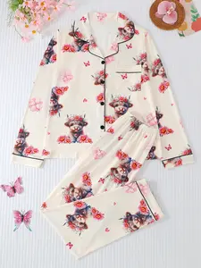Women's Cartoon Highland Cow & Floral Print Casual Comfy Pajama Set, Lapel Long Sleeve Button-Up Top & Elastic Pants, All-Season Sleepwear