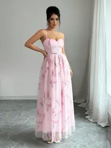 Elegant Women's Floral Mesh Long Dress, Fine Spaghetti Shoulder Straps Heart Neckline Back Elastic Wide Hem, Wedding Party Formal Summer Occasion