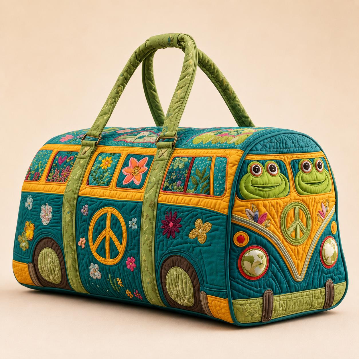 18 Inch Boho Quilted Weekender Bag, Colorful Retro Van Duffel Bag for Travel, Beach, Gym and Weekend Getaway