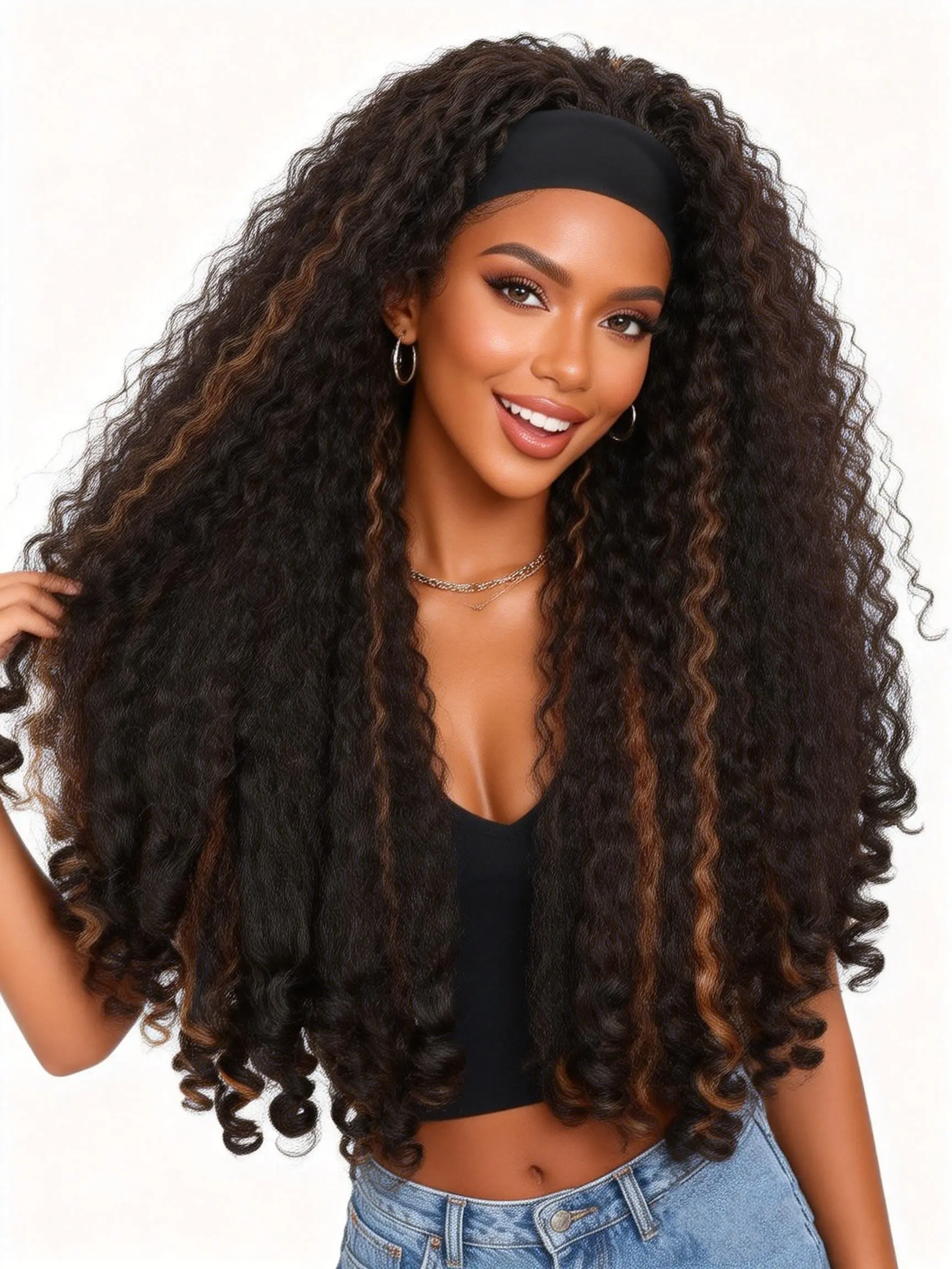Afro Curly Headband Wig Synthetic Hair Texture with Unique Bouncy Curls in the End 26 Inch Soft Curly Headband Wigs for Black Women Natural Looking Wig Black Woman Wigs