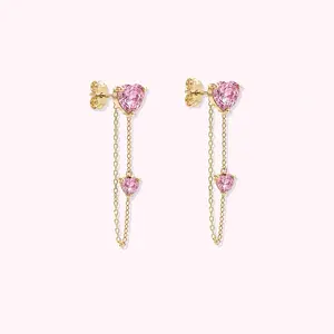 14K Solid Gold Double Heart Earrings