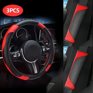 3pcs/set Steam PU Leather Steering Wheel Cover Pad, Comfortable Breathable Seat Belt, Protective Cover, Car Supplies Set, Car Interior Set, Car Interior Accessory, Car Interior Kit