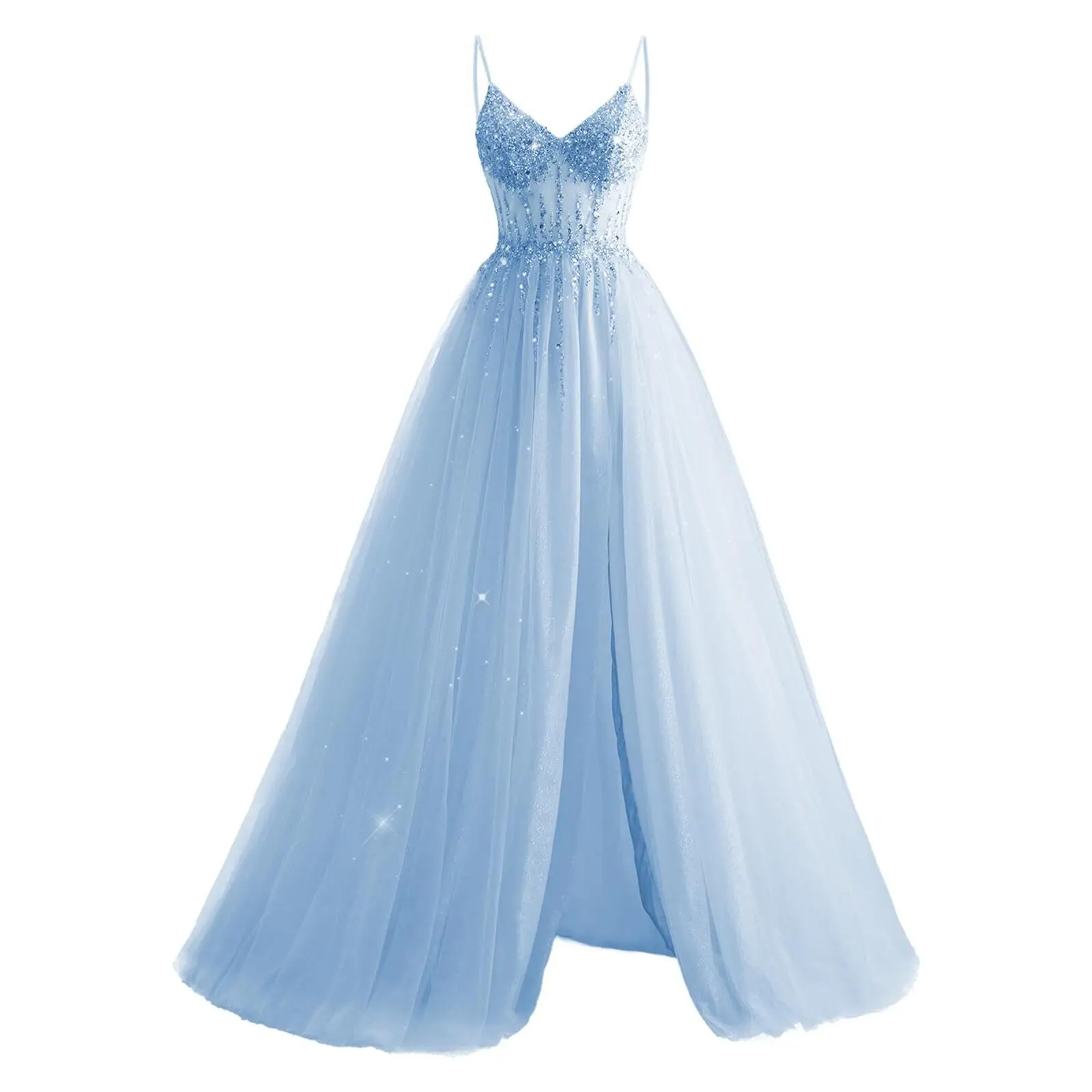 Women’s Spaghetti Strap Sweetheart Formal Dresses Sparkly Tulle Ball Gown Lace Up Back Long Slit Prom Evening Dress for Teen Girls