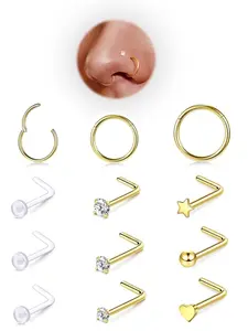 12PCS Hypoallergenic 18G Nose Rings Studs Set for Women Men: 3Pcs nose rings & 6Pcs L Shaped Nose Studs & 3Pcs Clear Nose Studs Gold Silver 316L Stainless Steel Nose Piercing Jewelry Nose Hoop