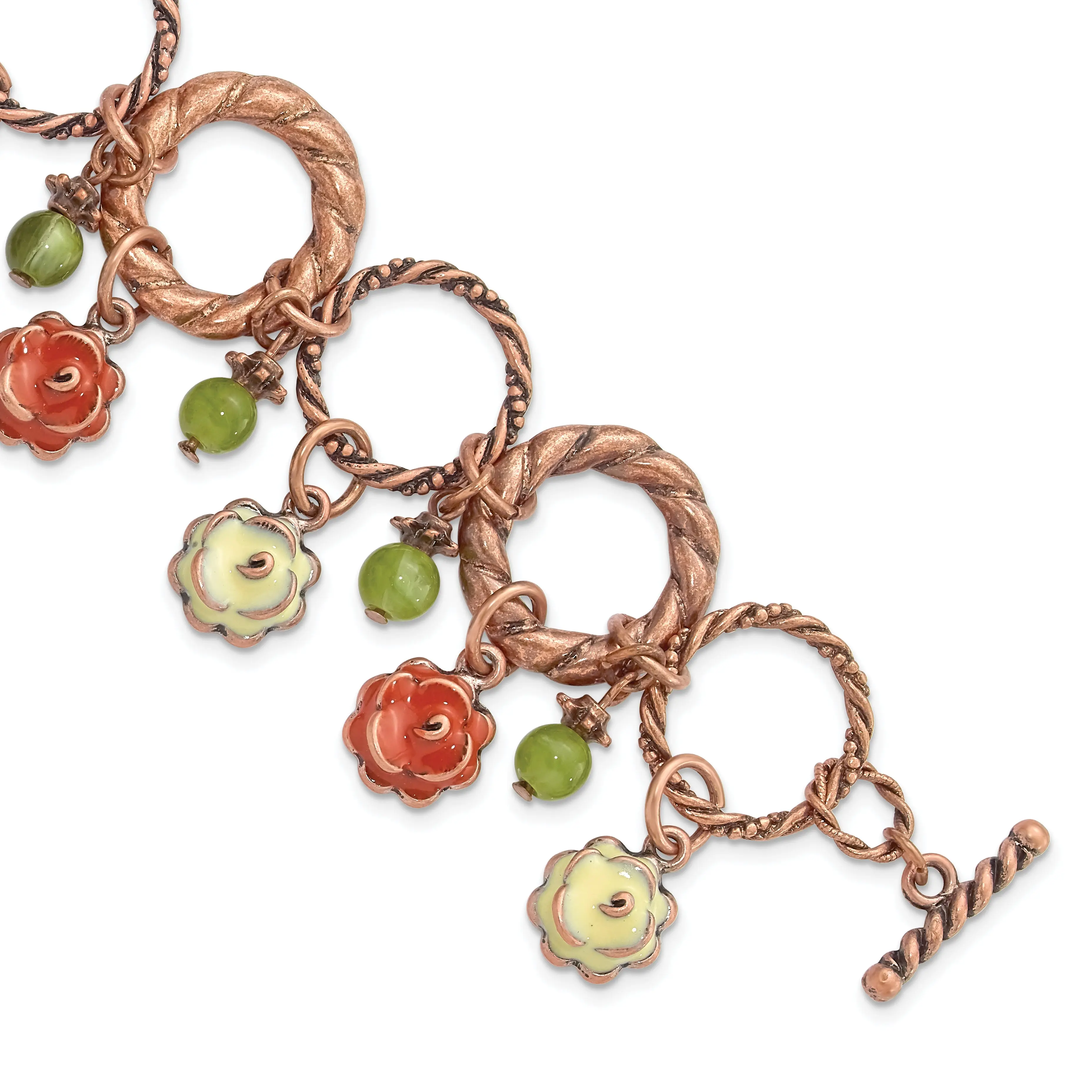 1928 Vintage Copper-Tone Charm Bracelet with Enamel Flowers
