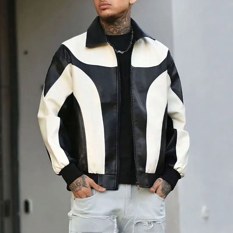 Men's Retro Racing-Style Waterproof PU Leather Lapel Collar Full-Zip Loose-Fit Colorblock Patchwork Bomber Jacket with Contrast Binding, Fall/Winter Retro Street Casual Urban Outerwear for Day Outings