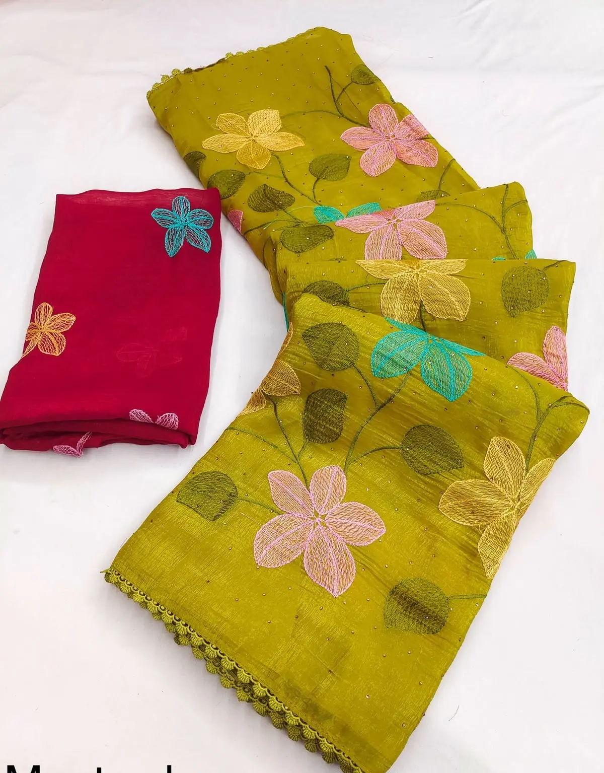 Crush Tissue Silk Saree, Women's Mustard Green color, High quality traditional thread embroidery Saree.