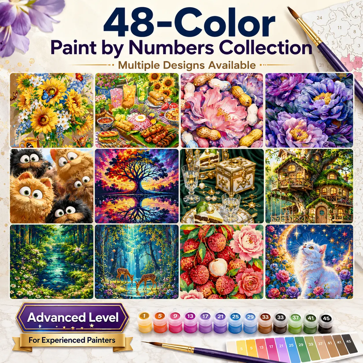 48-Color Paint by Numbers kit – Advanced Level DIY Painting Kit with Multiple Designs