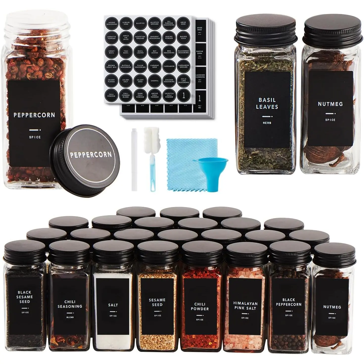 25 count  Jars with Label- Glass  Jars with Black Metal Caps,Shaker Lids, Funnel, Chalk Pen, Brush,Cleaning Cloth 4oz Seasoning Containers Bottles for  Rack, Cabinet, Drawer