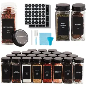 25 count  Jars with Label- Glass  Jars with Black Metal Caps,Shaker Lids, Funnel, Chalk Pen, Brush,Cleaning Cloth 4oz Seasoning Containers Bottles for  Rack, Cabinet, Drawer