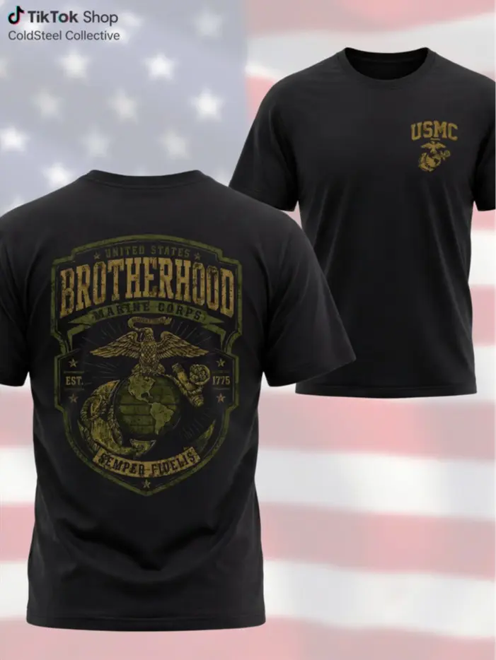 Menswear Cotton Round Neck Classical Cut USMC Brotherhood T-Shirt - Front & Back Semper Fidelis Eagle Globe Anchor Graphic Tee, Vintage Marine Corps Military Shirt, Gift for Men Veterans & Marines, Shortsleeve