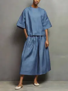 Women's Minimalist Casual Fashion Spring Summer Chambray Denim Blue 2 Piece Set, Crew Neck Boxy Top Pleated Wide Leg Culottes Relaxed Fit, For Loungewear Travel Daily Outing