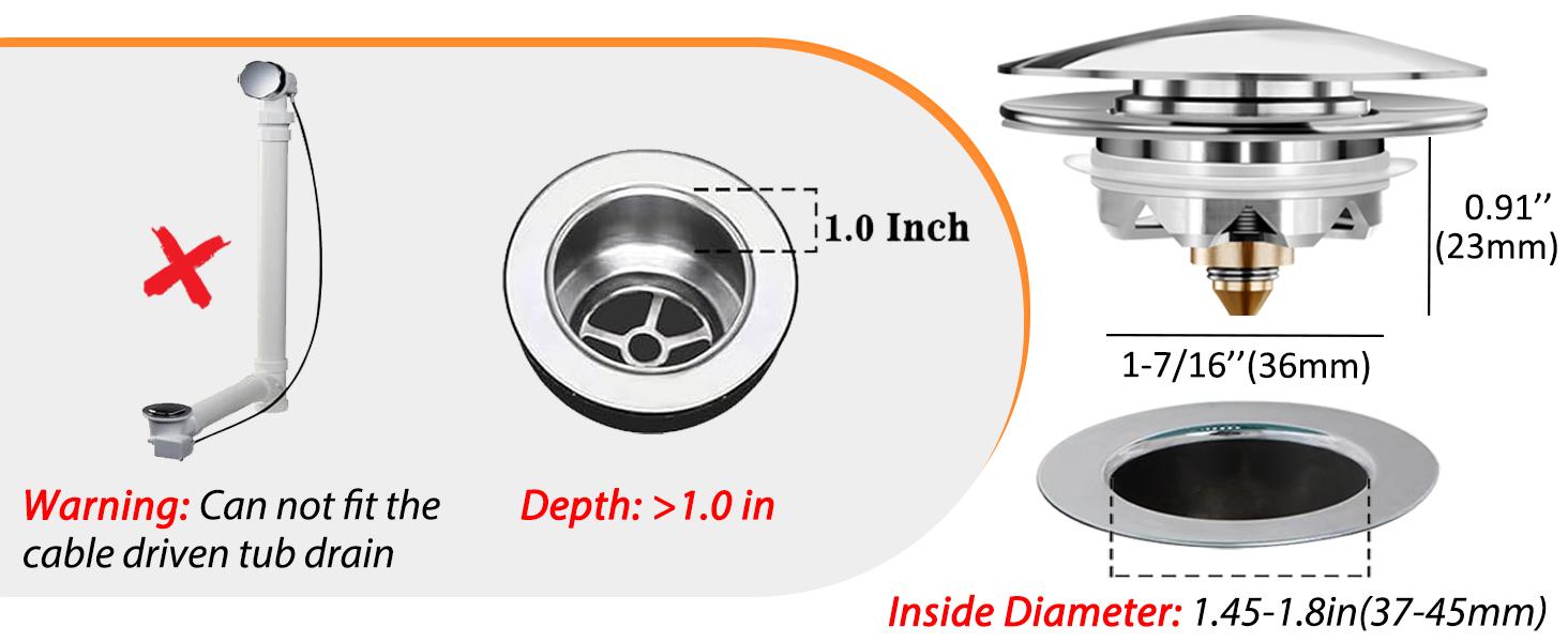 Bathtub Drain Stopper, Pop Up Tub Stopper and Cover, Bottom with Hair Catcher, Universal for 1.45 to 1.8 in Drain, Replaces Old Drain Plug, Chrome Silver
