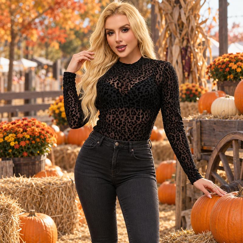 Chicovar Women's Leopard Print Mock Neck Mesh Blouse - Long Sleeves, Non-Itchy Lace, S-4XL, Casual Elegant, Sexy Sheer, Breathable, Ideal for Evening, New Year, Party