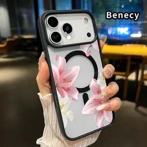 Blush Lily Cluster Pattern Magnetic Phone Case for iPhone 17 Pro Max 16 Plus 15 14 13 12 11 Air E Anti-Yellowing Shockproof Lightweight Transparent Acrylic Soft Cover Supports Wireless Charging.