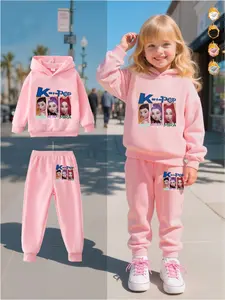 Girls' Fall Winter Fleece 2-Piece Set, Hooded Sweatshirt with K-Pop Cartoon Print, Loose Fit Joggers, Casual for Kids, Clothes Kids