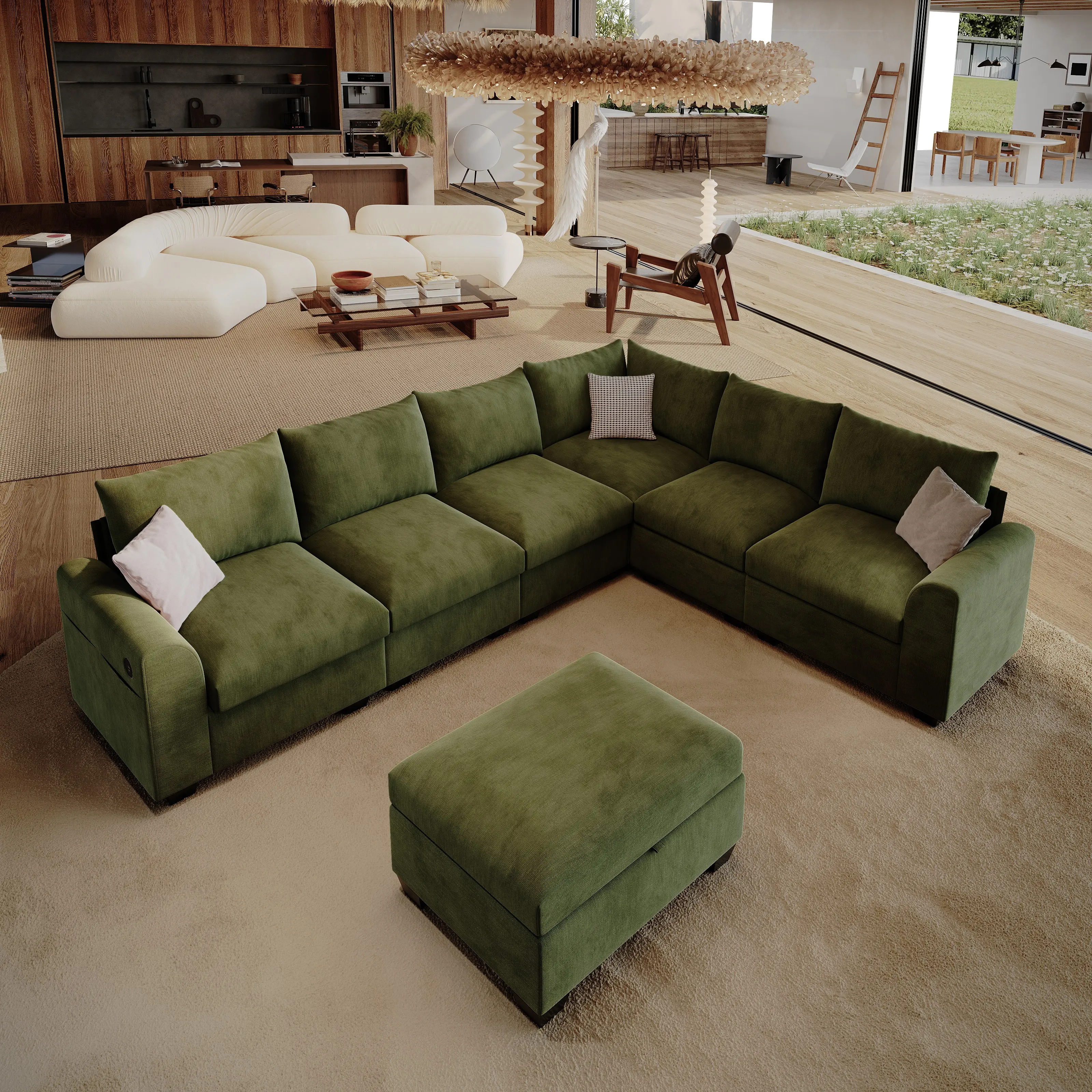 107" L Shaped Linen Fabric Sectional Sofa With Storage Ottoman, USB Charging Port, Foam Filled Modular Corner Couch with Cup Holder For Living Room